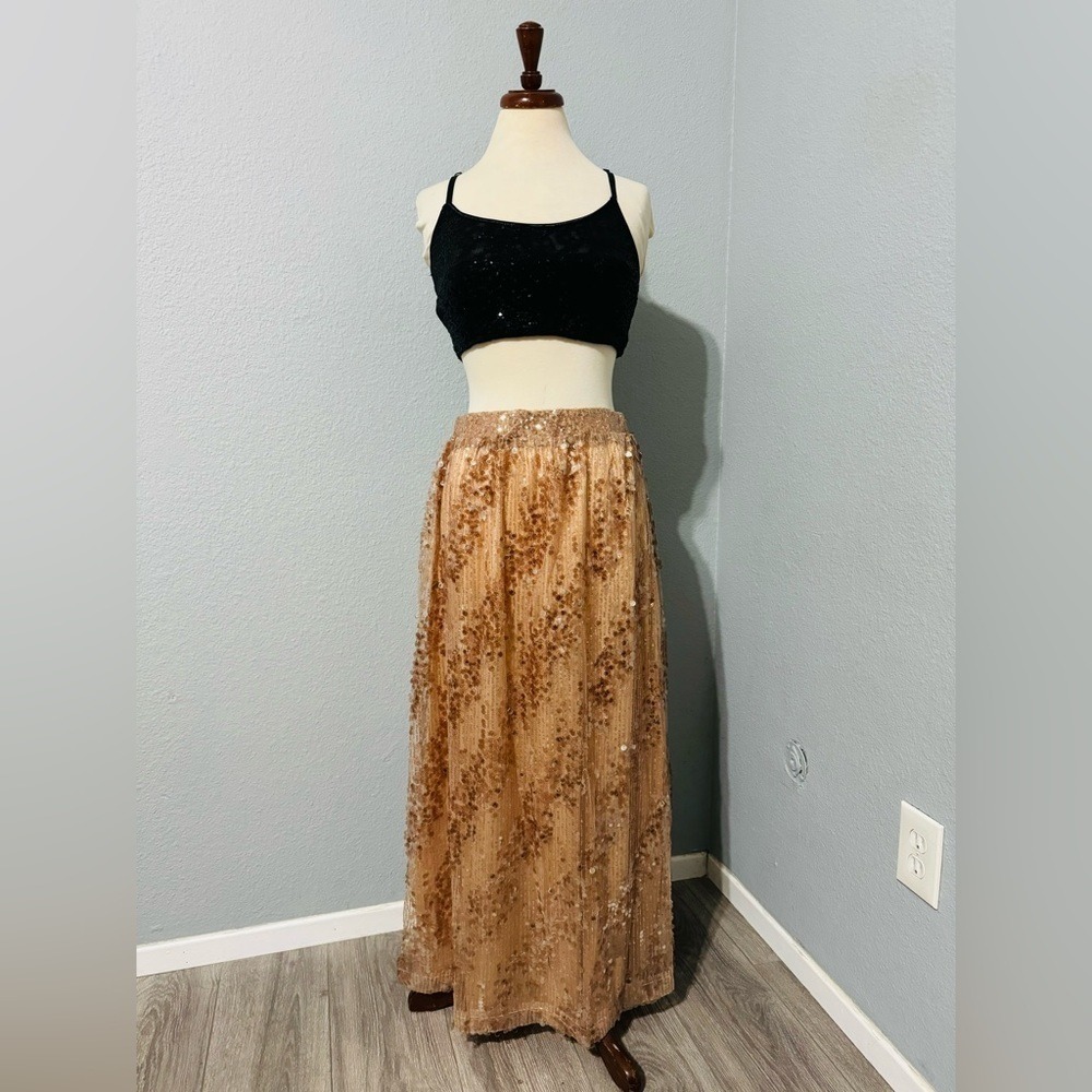 Zara New Gold High Waist Christmas‎ Long Sequin Skirt Size L A-Line Silhouette - Picture 14 of 14